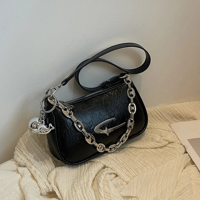 Chic Textured Casual Tote Bag with Silver Chain Detail Underarm Bag Detachable Charm Trendy Mini Shoulder Purse for Women Daily