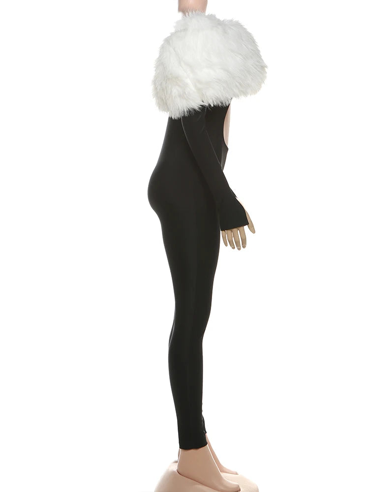 Furry Slash Neck Hollow Patchwork Jumpsuit — Women's Luxury