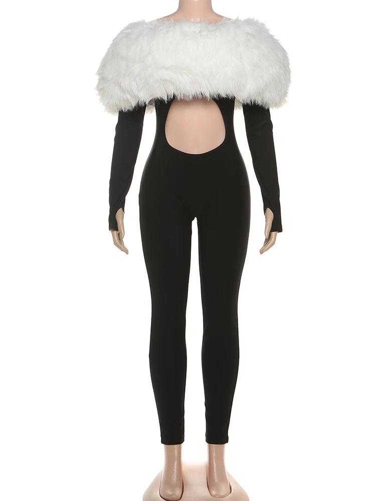 Furry Slash Neck Hollow Patchwork Jumpsuit — Women's Luxury