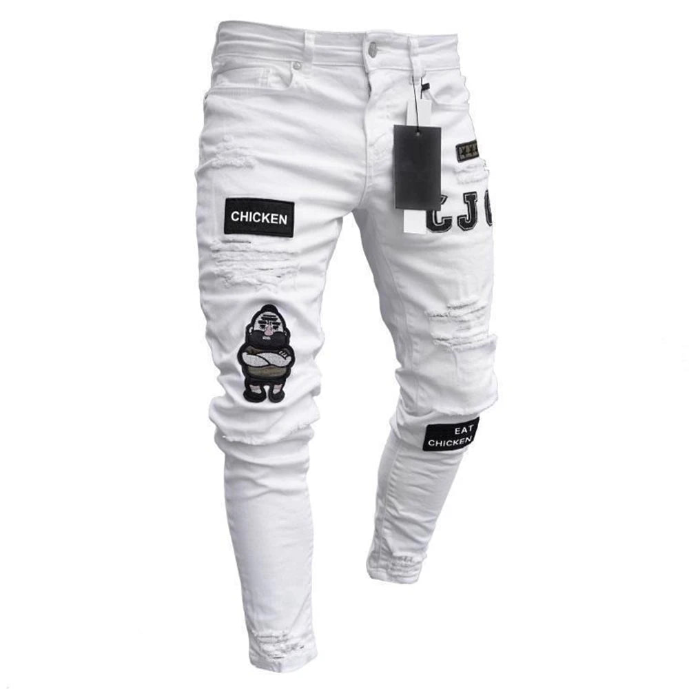 White Embroidery Skinny Ripped denim Men Cotton Stretchy Hole Slim Fit Hip Hop Denim Pants Casual Jeans for Men Jogging Trousers