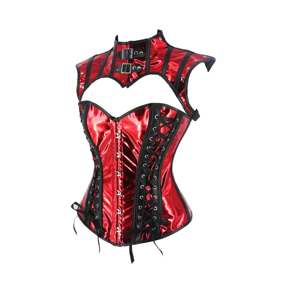 Faux Leather Corset Set Women's Steampunk Gothic Cosplay Game Armor Outfit Sexy Bustier Tops Nightclub Rave Costume