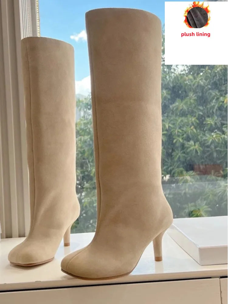 2025Autumn and Winter New 6cm Slim High Heels Knee High Women's Boots Round Toe Fashionable Women's Long Boots Knight Boots