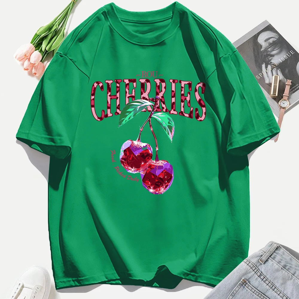 Crystal Cherries Printing Tee Shirt Woman Summer Cotton Tee Tops O-Neck Casual T Shirts Oversized All-Match Short Sleeve