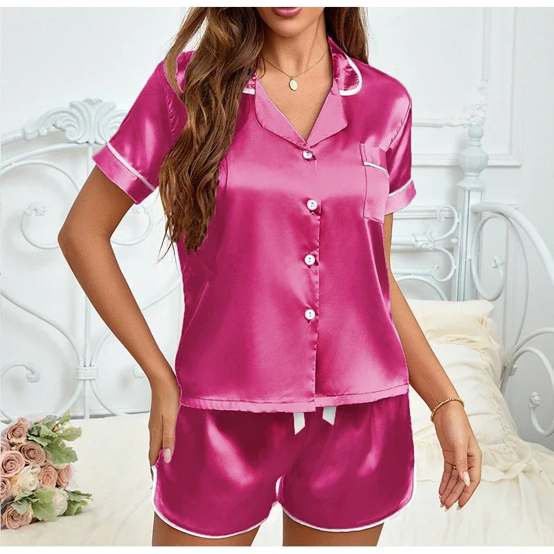 2026 Women Satin Pajamas Set 2-piece Pj Sets Sleepwear Loungewear Button-Down Pajama Women Pajamas Pijama Homewear Shorts Set