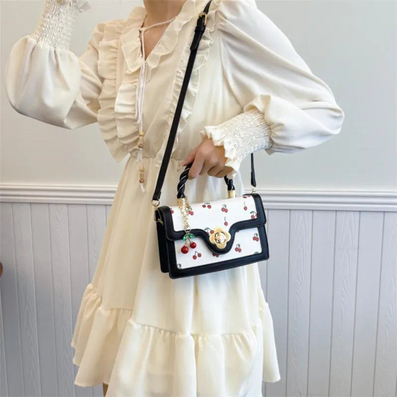 Cute Cherry Printed Handbag Shoulder Bag, Woven Handle Square Tote Bag, Fresh Design Women's Crossbody Bag, Stylish Women Bag