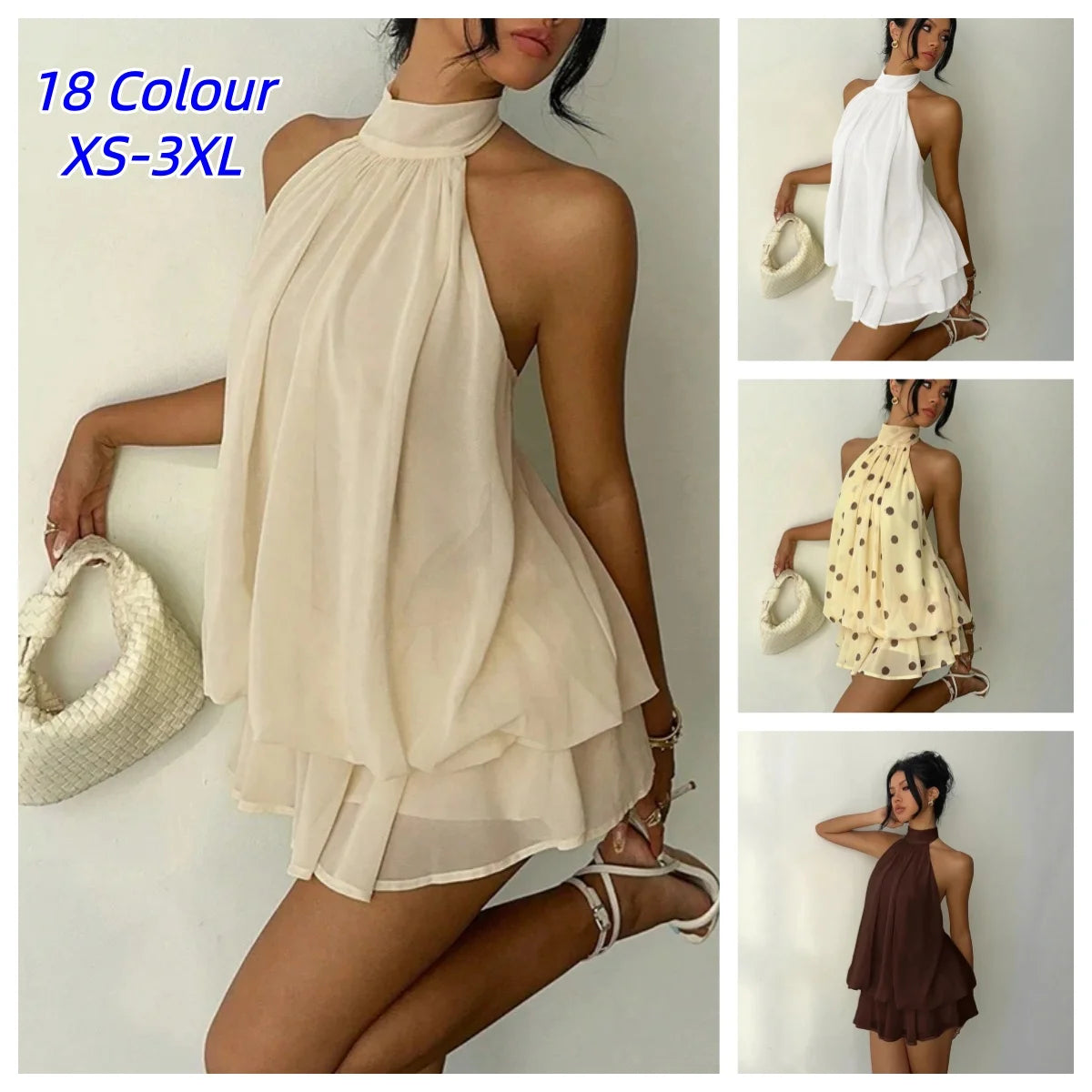 French Style Solid Color Women's Halter Neck Sleeveless Off Shoulder Backless A Line Mini Spicy Girl Beach Vacation Dresses