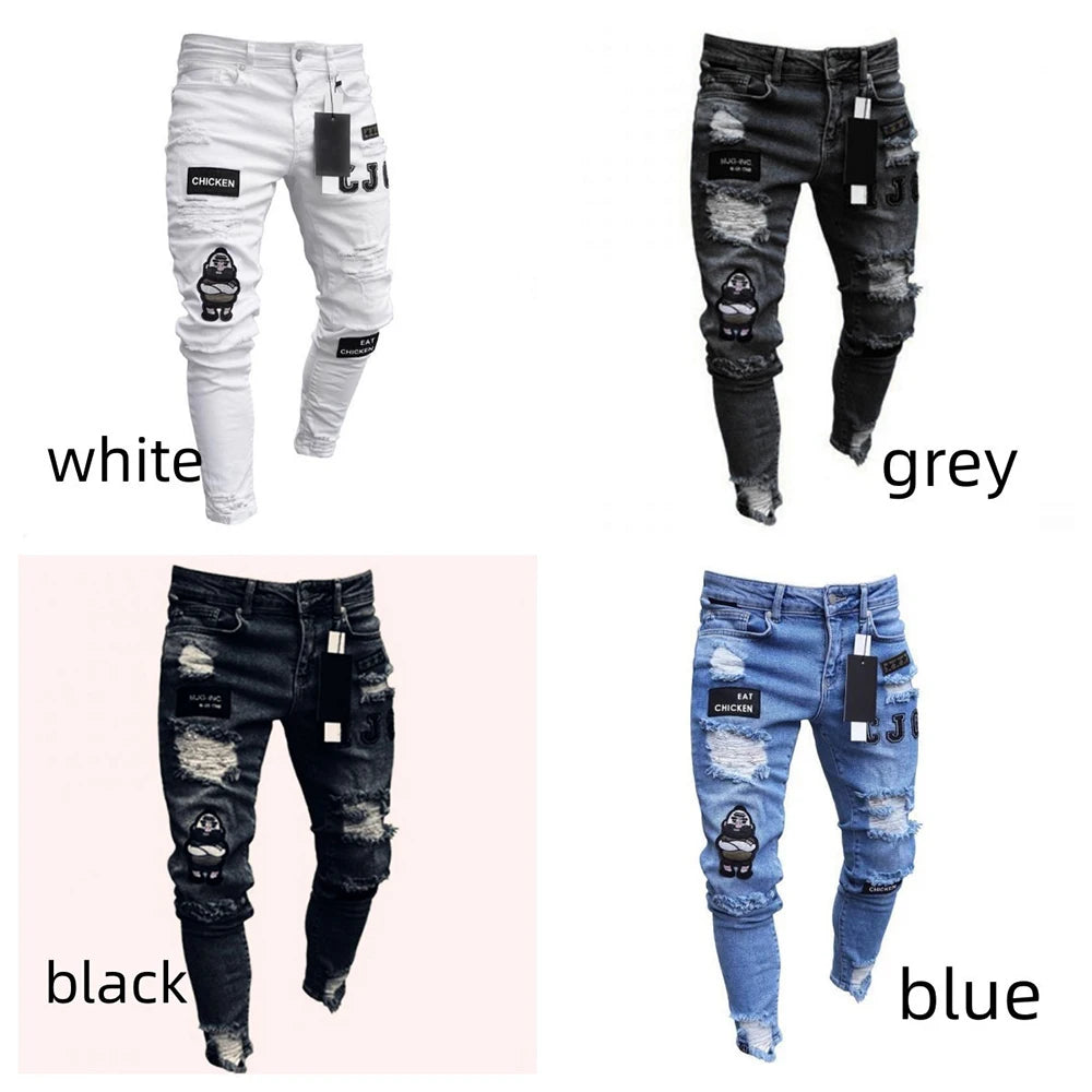 White Embroidery Skinny Ripped denim Men Cotton Stretchy Hole Slim Fit Hip Hop Denim Pants Casual Jeans for Men Jogging Trousers