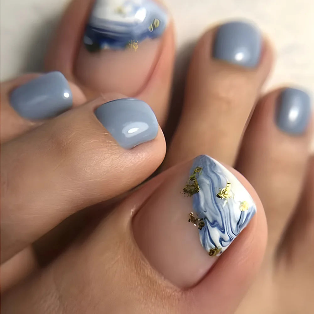 New White Flower Artificial Toe Nails with Gold Foil False Toenail Tips French Lady Girl Wearable Press on Nails for Feets