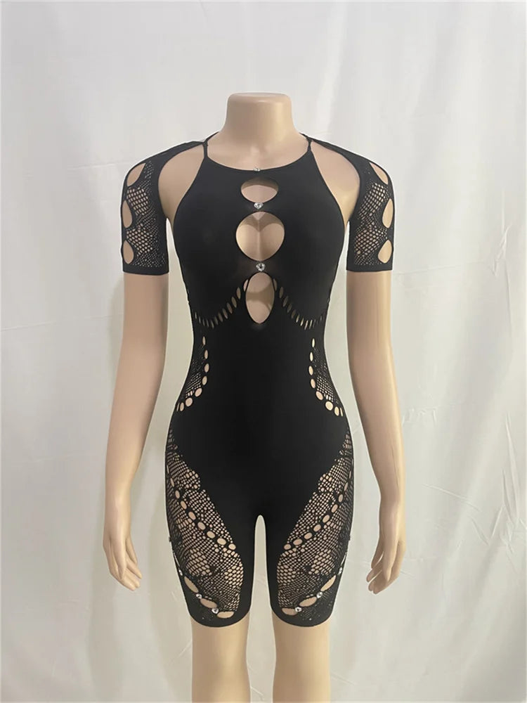 Club Outfits Sexy Jumpsuits for Women Short Sleeve Bodycon Rompers Jumpsuit Skinny Pink Mesh See Though One-piece Overalls 2024