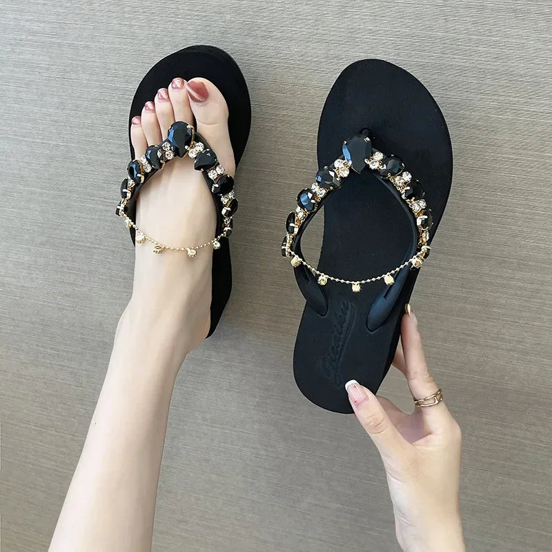 Women Slippers Fashion 2026 Summer New Water Diamond Flip Flops Women Outwear Thick Sole Slope Heels Beach Vacation Slippers