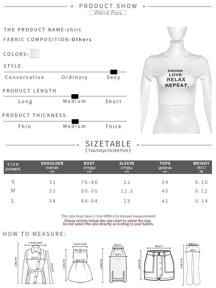 Weird Puss Casual T-Shirt Monogram Y2K  Women Shorts Sleeve Shirring Crop Tops Chic Hot Hot Girl Wild Streetwear Tees