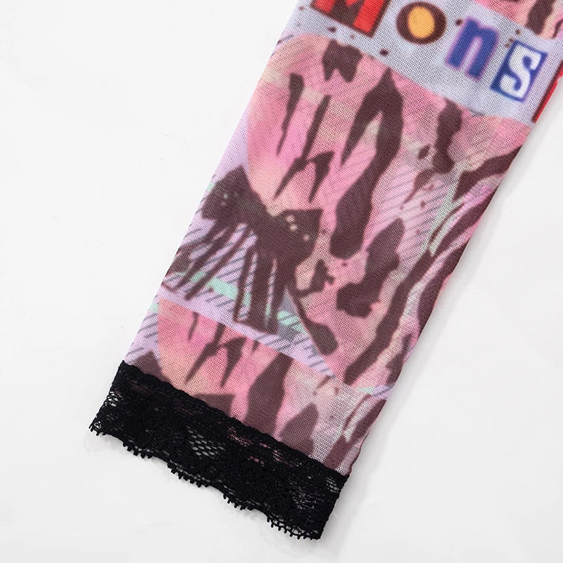 Weird Puss See Through Women 2 Piece Set Sexy Black-Edged Lace Sexy Full Sleeve Crop Tops+Shorts Matching Club Stretch Outfits