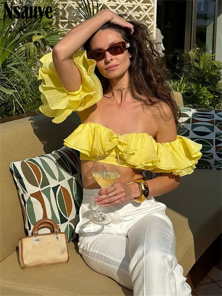 Nsauye Kawaii Cute Off Shoulder Aesthetic Crop Top Streetwear Women Clothes Y2K Sexy Halter Backless Tank Tops Night Club 2025