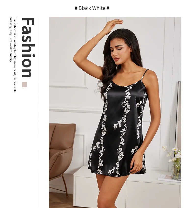 Sexy Pajamas Women's Silk Thin Suspender Nightdress Pink Nightgown Nightwear For Woman Home Clothes Sleepwear Ladies Mini Dress