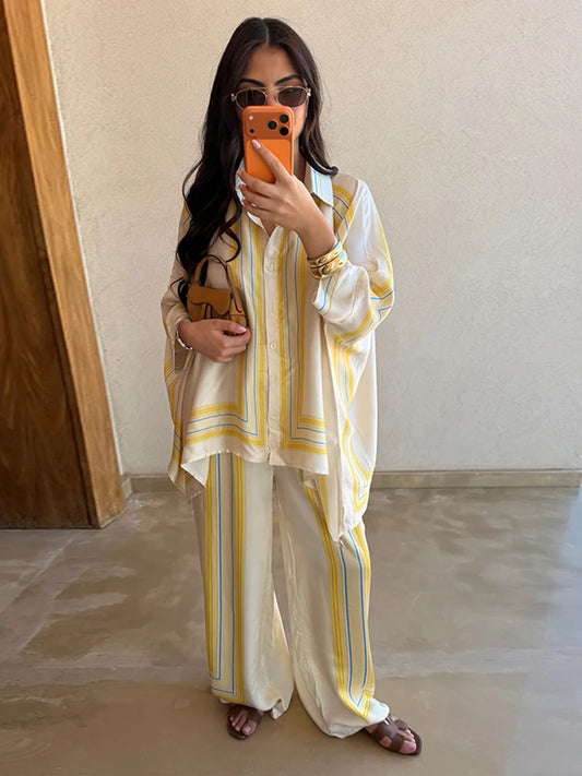 Women Striped Button Down Two Piece Set Long Sleeve Loose Fit Shirt Wide Leg High Waist Pants 2026 Spring Casual Fashion Outfit