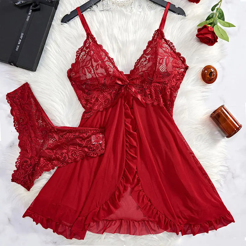 Deep V Lace Push Up Erotic Lingerie Pajamas Set Summer Thinly Woman Nightgown Hot Night Dress Sexy Bra Plus Size Sleepwear Thong