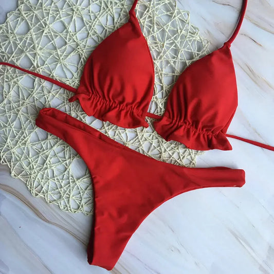 Summer Brazilian Bikini Set Women Sexy Bandage Top Thong Bottom Set Push-up Swimwear Lace Up Swimsuit Beachwear