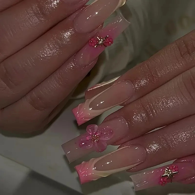 24Pcs Long Square Press on Nails Leopard Print French 3D Cherry Design False Nail Rhinestone Wearable Full Cover Fake Nails Tips