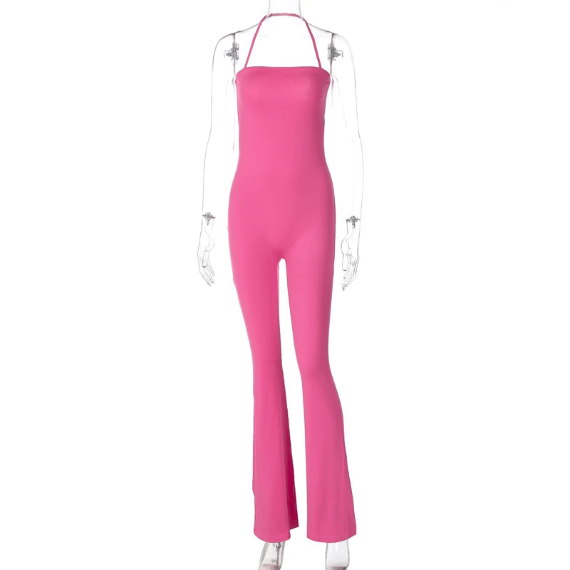 Hugcitar 2025 Spring Halter Solid Sleeveless Backless Sexy Bodycon Flare Pants Jumpsuit Women Casual Rompers Streetwear Festival