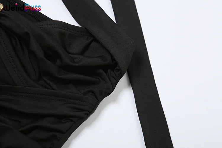 Weird Puss Ruched Romper Women Chic Metal Buckle Hollow Backless Halter Sleeveless Hipster Stretch Luxury Slim Playsuit Clubwear