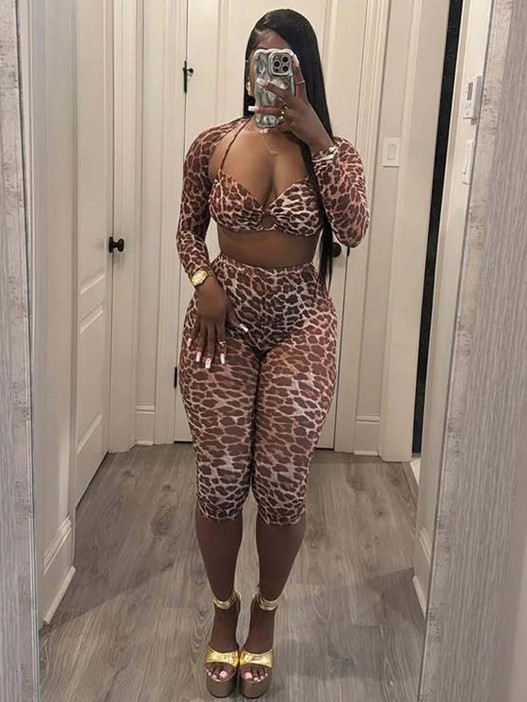 Weird Puss Sexy 3 Piece Set Women Leopard Print Mesh Full Sleeve Shawl+Bandage Metal Buckle Bra+Pants Street Trend Matching Suit