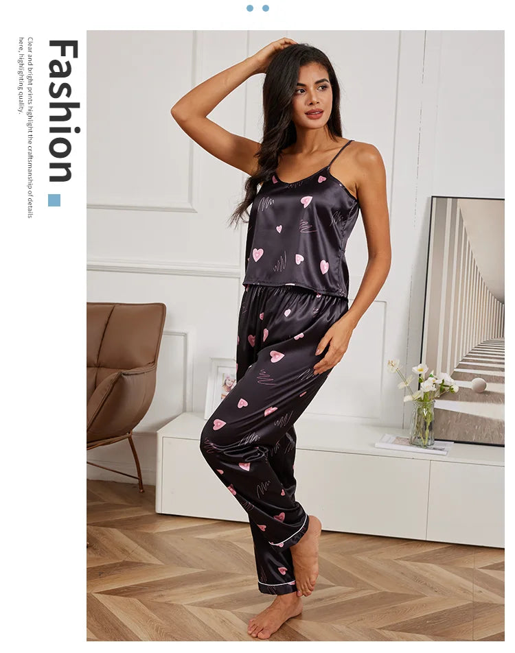 Women's Home Clothes Sexy V Neck Pajama Silk Pajamas Set Sleepwear Satin Cami Vest with Trousers Pajamas 2 Piece Sets Loungewear