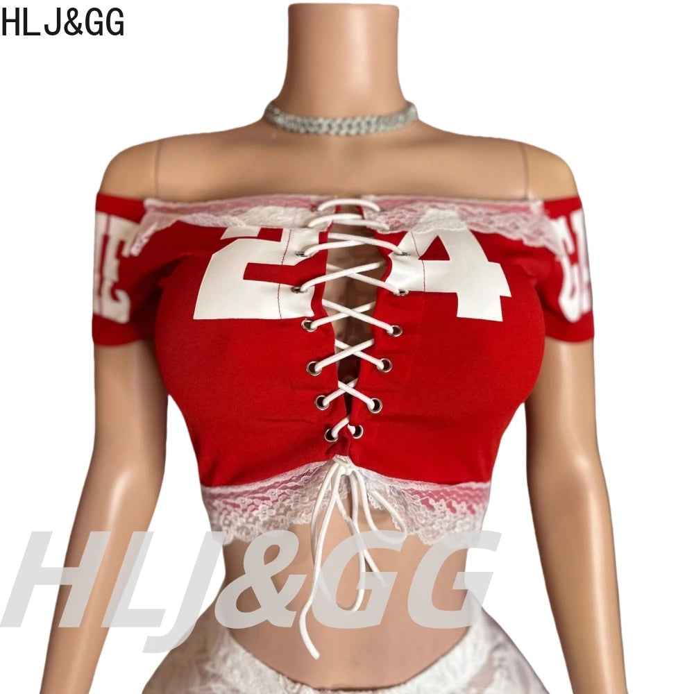 HLJ&GG Red Y2K Letter Lace Splicing Bandage Two Piece Sets Women Off Shoulder Hollow Crop Top And Skinny Ruffle Shorts Outfits