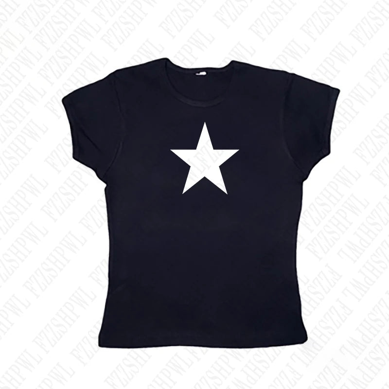 Gothic Star Print Streetwear Vintage Harajuku Punk Grunge Crop Top Casual Women's T-Shirt E-girl Baby Tee Slim Y2k Clothes