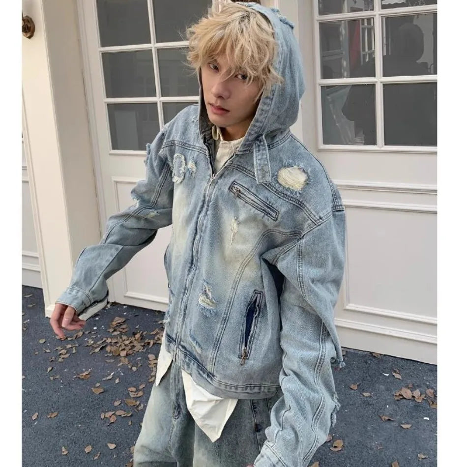 New Hooded Mens Denim Jacket 2024 American Retro High Street Loose Couple Tops Hip Hop Streetwear Trendy Washed Cowboy Coats