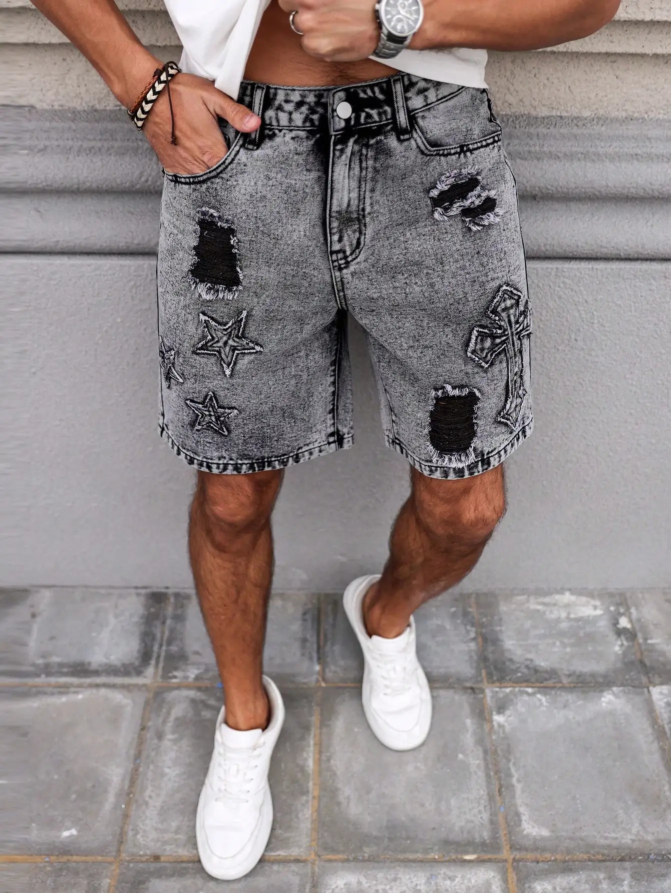 Summer Denim Shorts. Straight-leg fit. Ripped design. Dark gray denim embroidered shorts, men's jeans