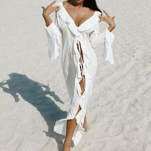 Fashion V Neck Summer Beach Cover Up Ruffled Loose Beach Dress Long Sleeve Vacation Swimsuit Cover Up Dress for Women