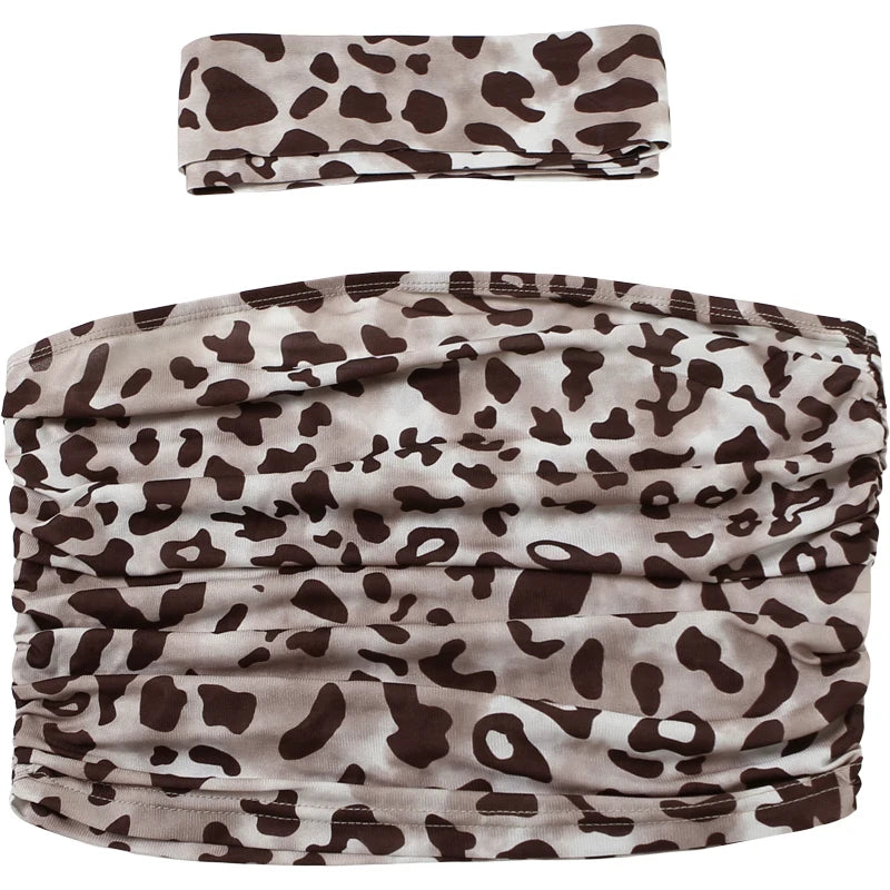 Weird Puss Leopard Print Crop Tops Woman Summer Strapless Ruffles Scarf Collar Trend Sexy Party Wild Chic Clubwear Skinny Vest