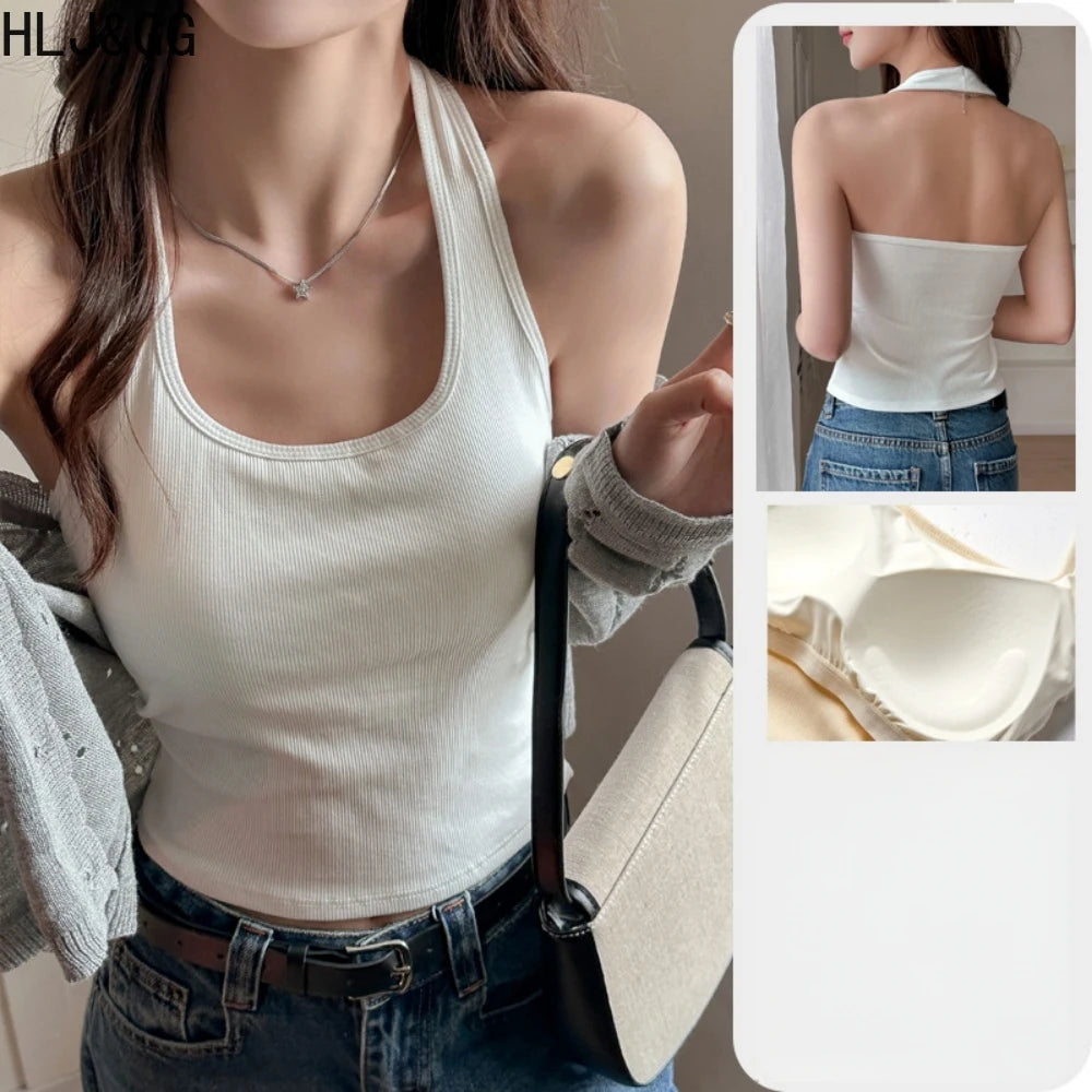 HLJ&GG Summer New Halter Tank Top Two Piece Sets Women Backless Slim Vest And Plaid Print Shorts Outfits Fashion 2pcs Streetwear