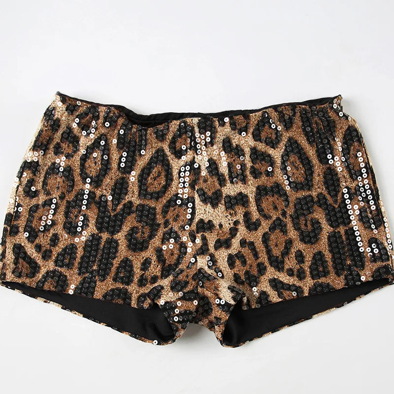 HLJ&GG Y2K Fashion Leopard Sequined Shorts Two Piece Sets Women Letter Print Round Neck Slim Crop Top And Shorts Outfits 2025