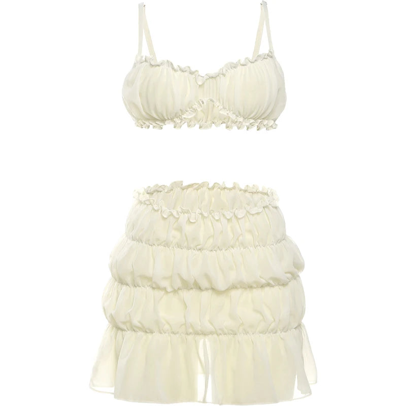 Weird Puss Ruffles 2 Piece Set Women Summer Vacation Beach Style Thin Camisole+Ruched Sexy Peach Hip Skirts Matching Clubwear