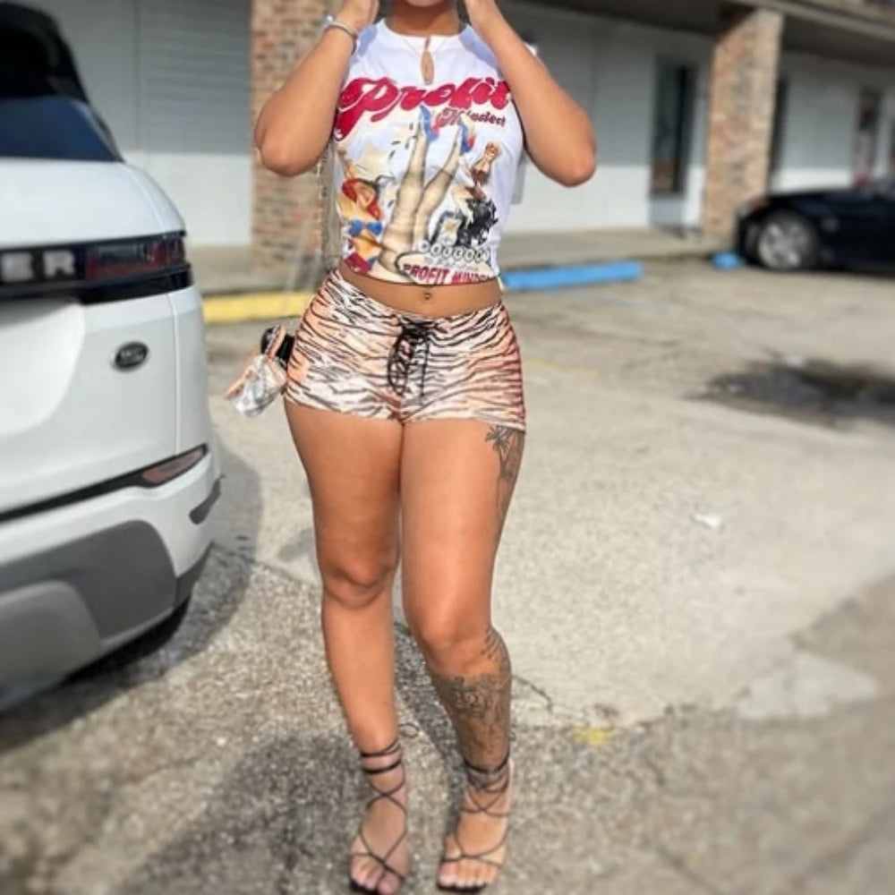 HLJ&GG Fashion American Vintage Style Pattern Print Two Piece Sets Women O Neck Sleeveless Top And Tiger Bandage Shorts Outfits