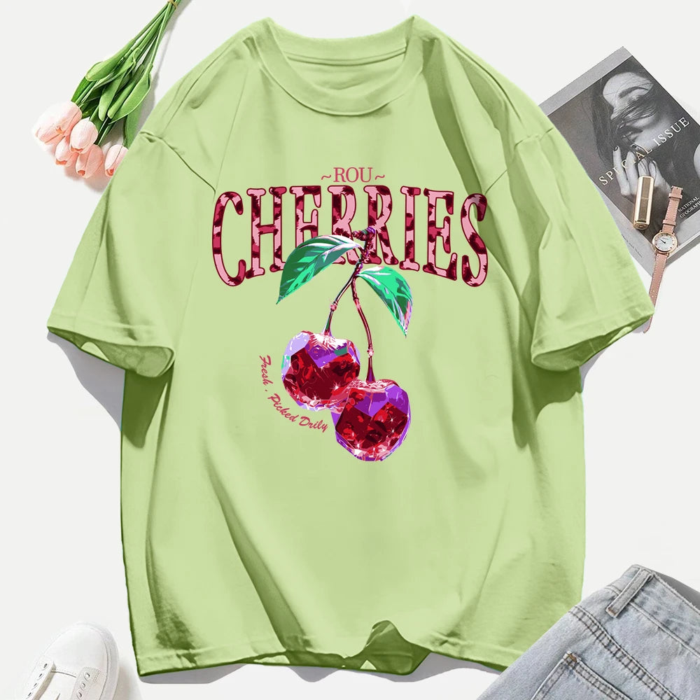 Crystal Cherries Printing Tee Shirt Woman Summer Cotton Tee Tops O-Neck Casual T Shirts Oversized All-Match Short Sleeve