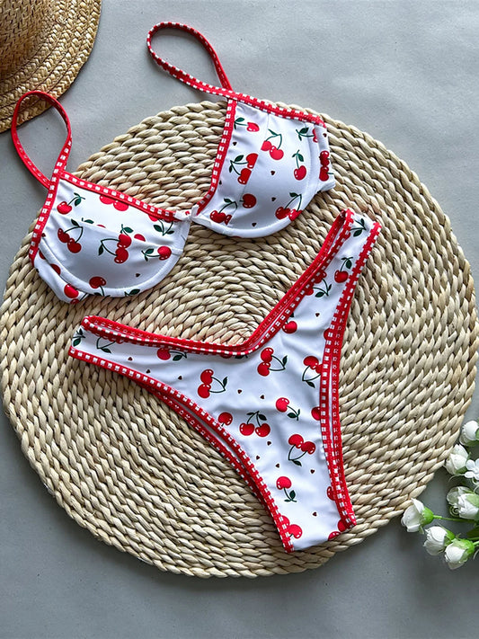 Cherry Printed Underwired Brazilian Bikini, Swimwear,  Swimsuit Two-pieces Bikini set Bather Bathing Suit Swim K5913