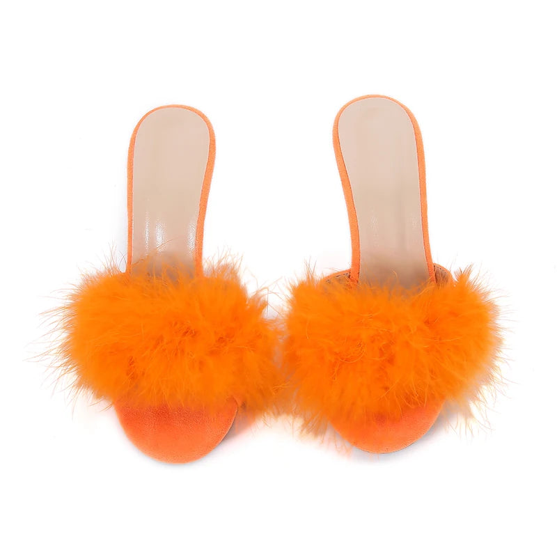 10CM Thin High Heel Designer Plus Size Summer Slippers For Ladies 2025 New Furry Slip-on Women's Shoes Pink Fur Slides Sandals