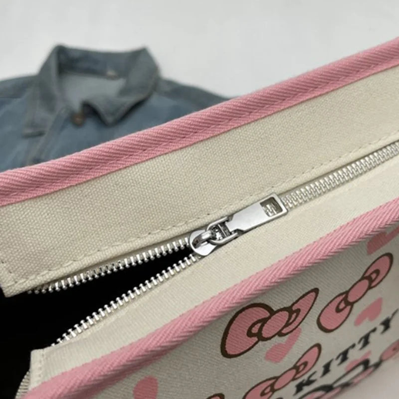 MINISO Sanrio Hello Kitty Canvas Handbag Large Capacity Zipper Shoulder Bag Lightweight Cute Fashion Weaving Tote Bag
