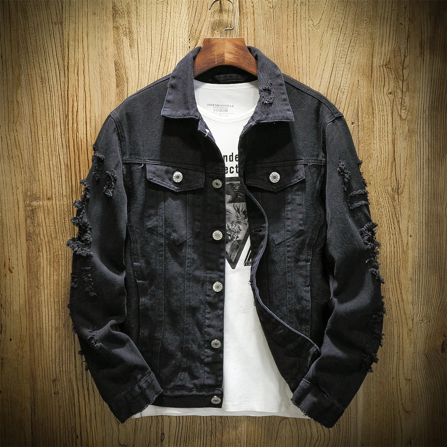 Jackets Men Denim Coats Hole Jacket Casual Loose Single Breasted Turn Down Collar Full Sleeve Simple Autumn Winter Coat