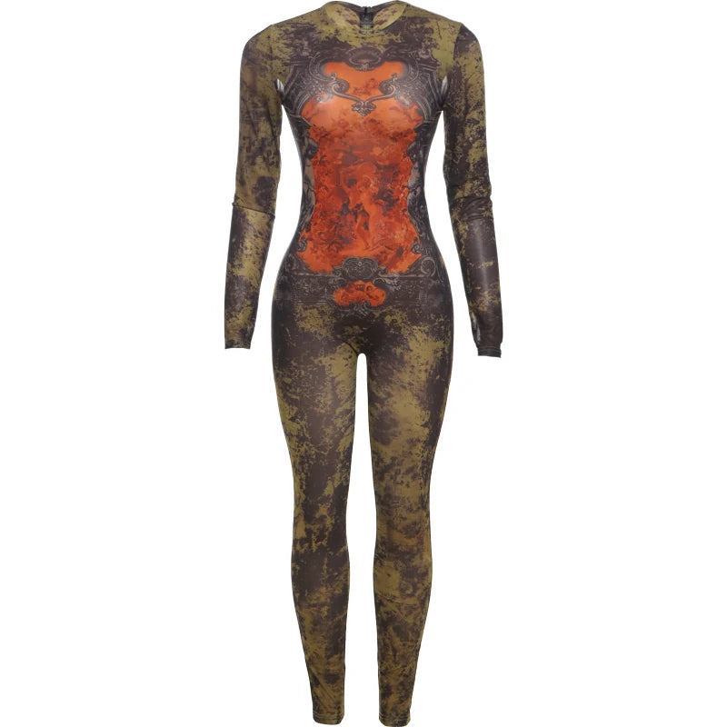 Weird Puss Tie-Dye Print Jumpsuit Women Fitness Stretch Tight Sexy o-Neck Full Sleeve Skinny Streetwear Autumn Zip Slim Overalls