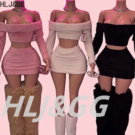 HLJ&GG Fashion Off Shoulder Fur Mini Skirts Two Piece Sets Women Long Sleeve Backless Slim Crop Top And Skirts Outfit Streetwear
