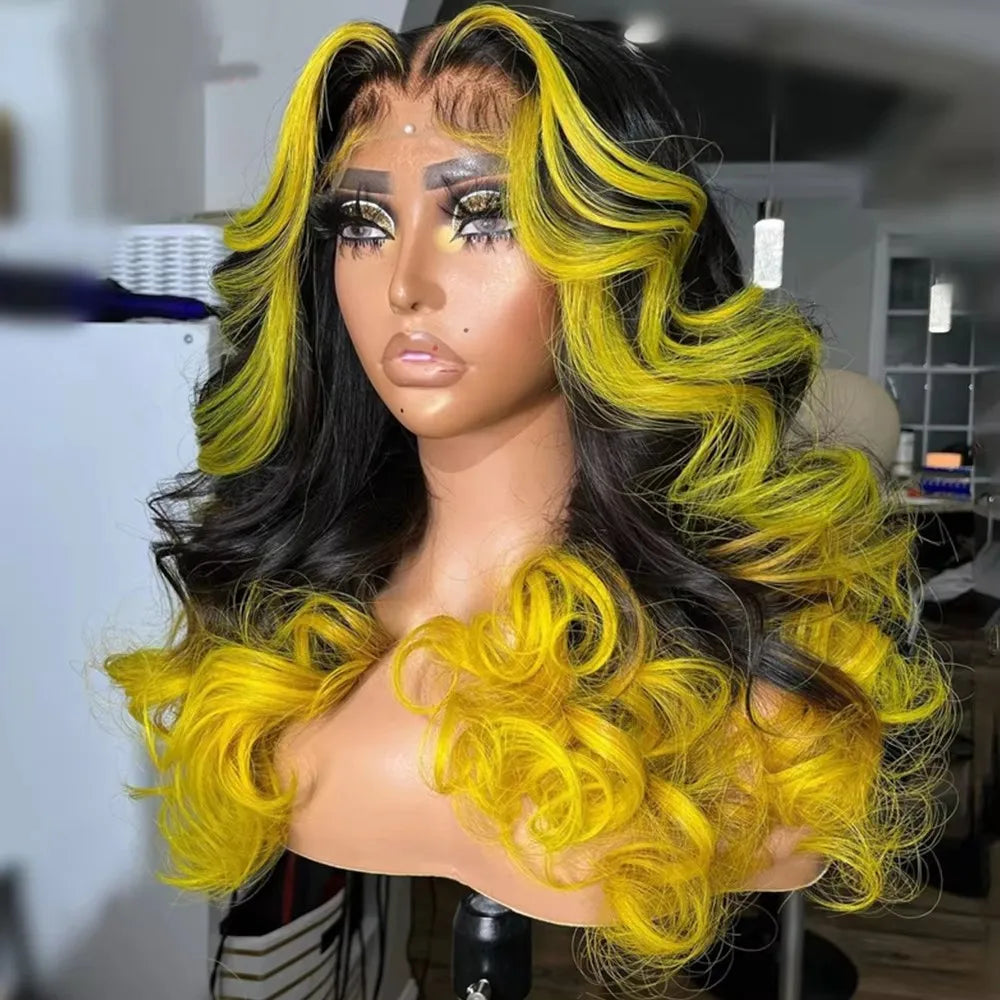 Highlights Yellow Colored Body Wave Wig HD 13x6 Lace Frontal Wig Ombre Pink Pre-Plucked Remy 100% Human Hair Wig For Black Women