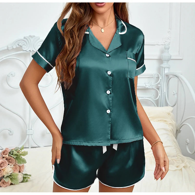 2026 Women Satin Pajamas Set 2-piece Pj Sets Sleepwear Loungewear Button-Down Pajama Women Pajamas Pijama Homewear Shorts Set
