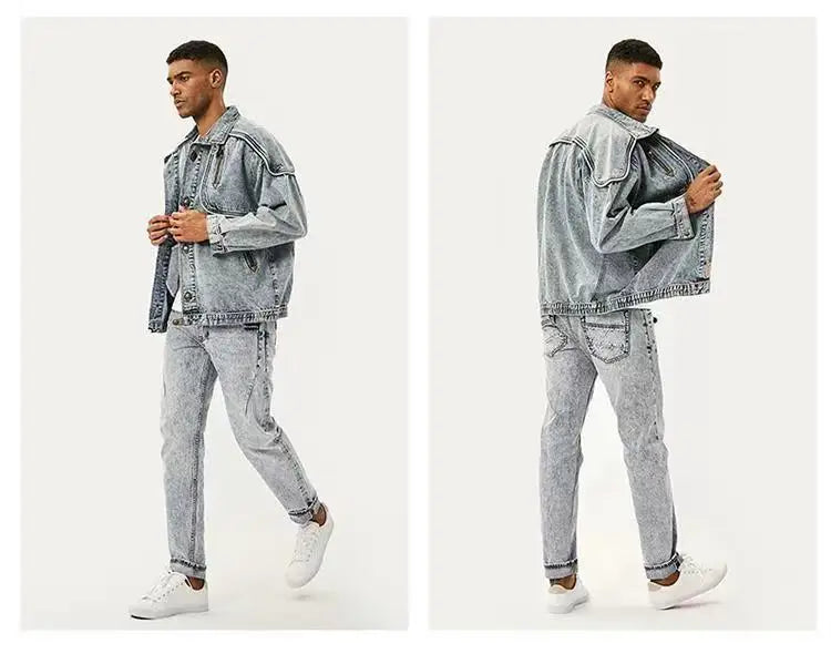 American Retro Jacket Snowflake Washed Vintage Denim Jacket Zipper Pocket Tooling Lapel Jean Coats Loose Motor Jaqueta Outerwear
