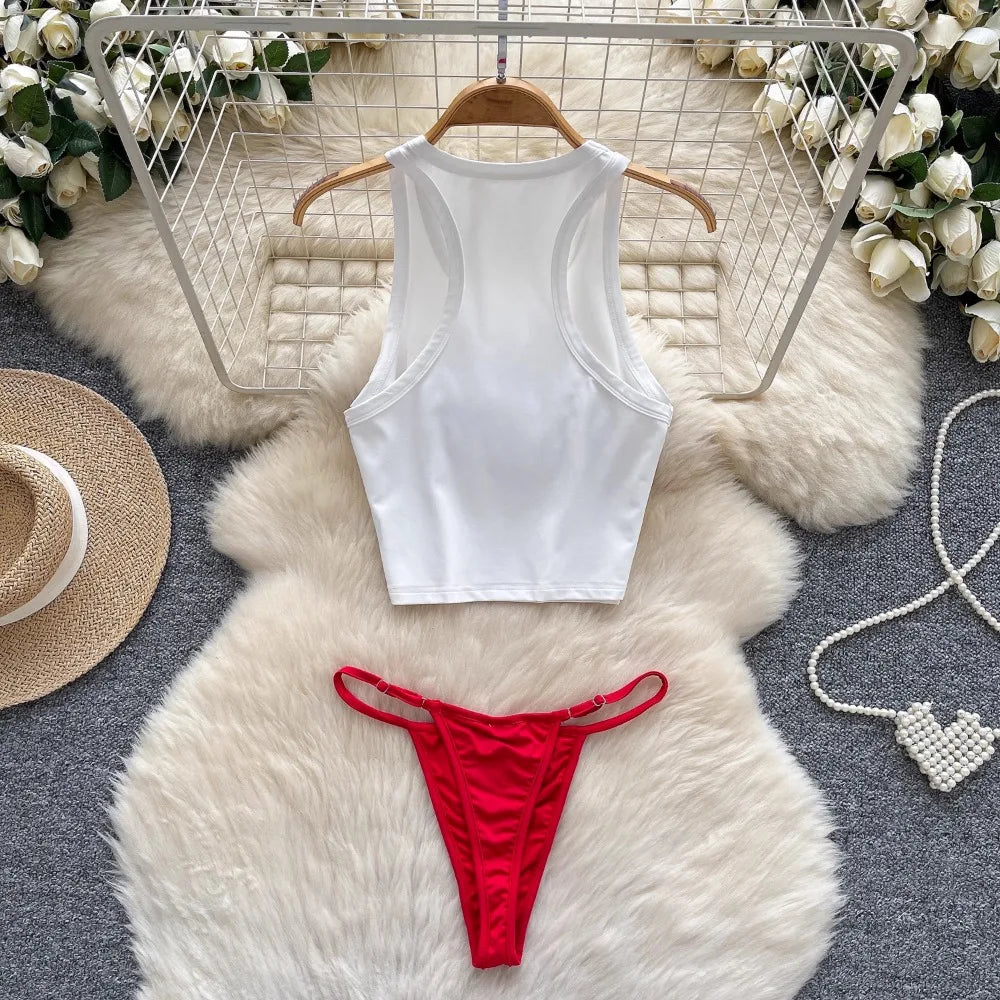 Foamlina Seaside Beach Suit Women's Swimsuit Two-piece Set Pure Desire Sleeveless Printed T-Shirt Vest Bikini Triangle Shorts