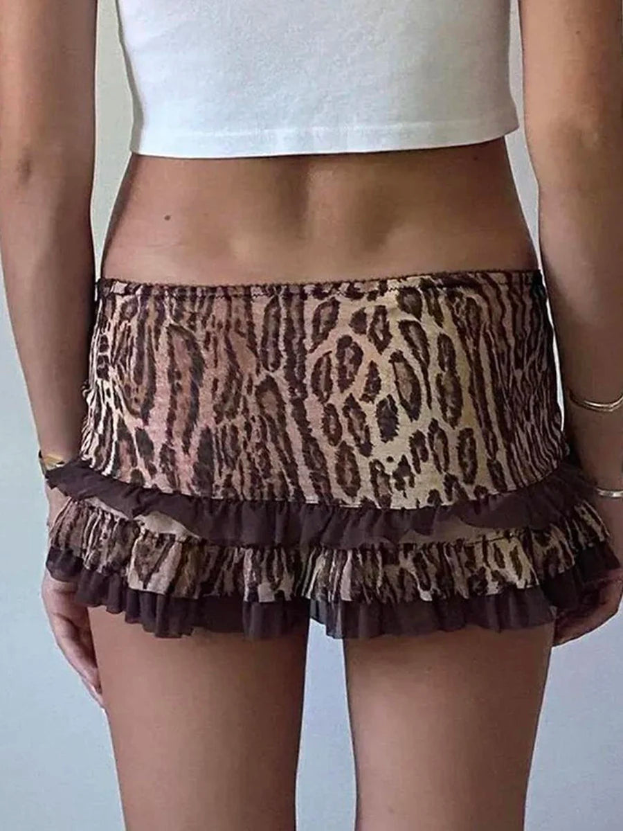 Y2K Fairycore Skirt Leopard Drawstring Harajuku Streetwear Gothic Retro Mini Skirt Hip Hop Low Rise Skirts Punk Fashion Dress