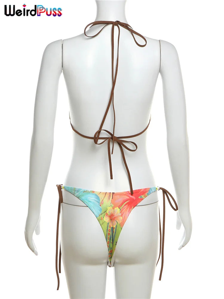 Weird Puss Beach Style Women 2 Piece Set Y2K Vacation Swimsuit Colorful Pearl Halter Bikini Bra+Panties Party Matching Clubwear