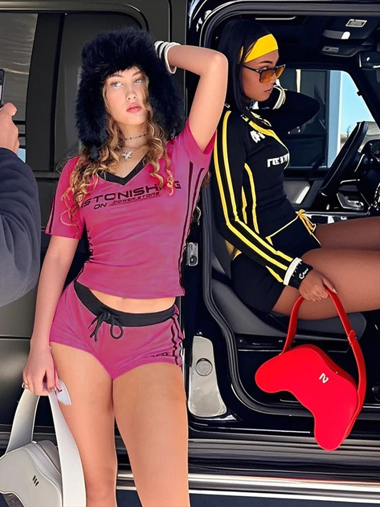 Sisterlinda Casual Summer 2 Piece Set Letter Print Crew Neck Short Sleeve T-shirts+Drawstring Slim Mini Bottoms, lady's Tracksuit